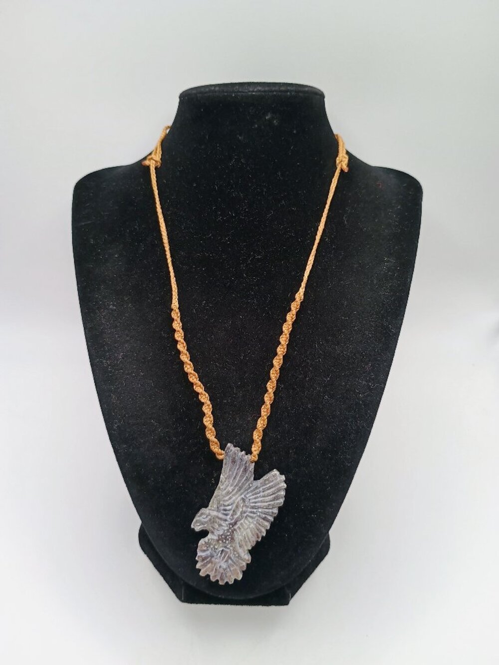 Macrame Necklace with Carved Eagle and Natural Stone, Symbol of Strength and Fli